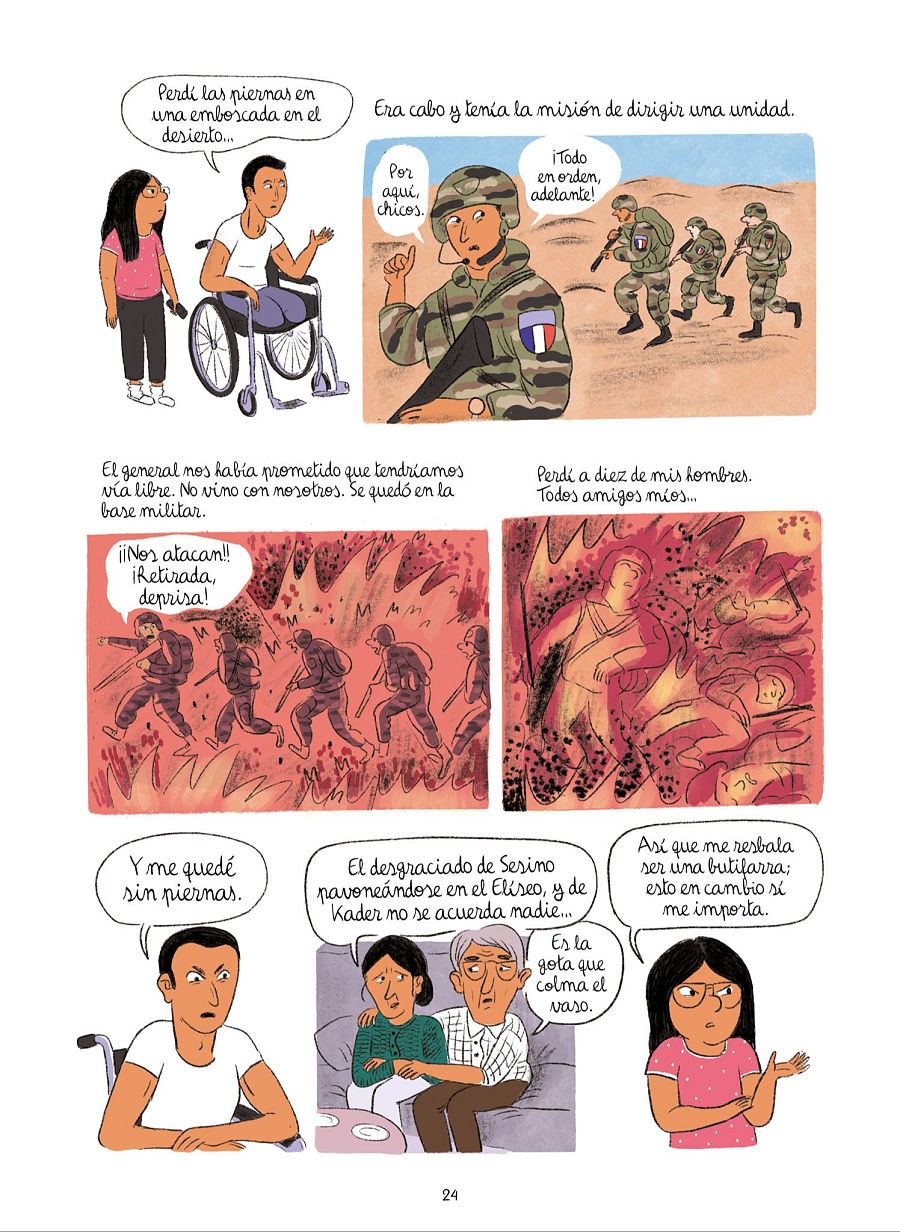 Viñetas que muestran la historia de un cabo francés herido en combate, su valentía en el desierto y la posterior injusticia que sufre, contrastada con la indiferencia de otros.