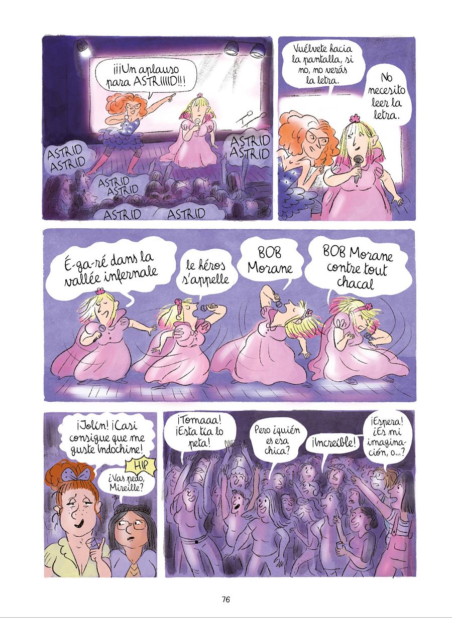 Viñetas de cómic mostrando una actuación en escena, con la cantante Astrid y reacciones del público, incluyendo referencias a 