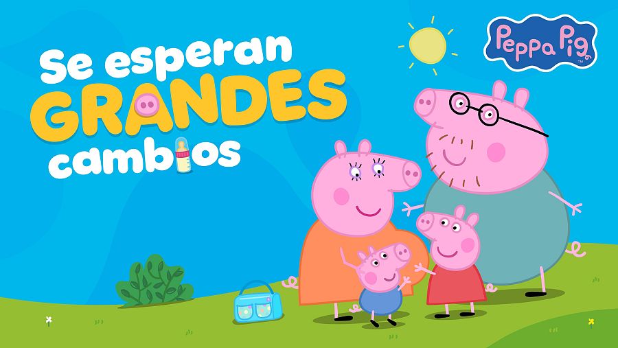 La familia Pig disfruta de un día soleado.  Un mensaje anuncia "GRANDES cambios" junto a un biberón. Colores vivos y un ambiente festivo.