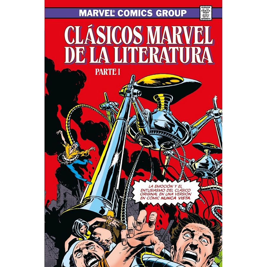 Invasión alienígena en la portada de un cómic. Naves trípodes atacan una ciudad, personas huyen aterrorizadas y un hombre cae del cielo.