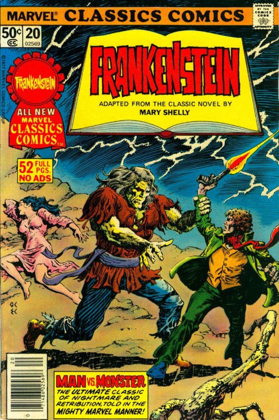 Portada de cómic: Frankenstein de Marvel Classics Comics #20.  50 centavos.  Criatura verde, hombre con antorcha, mujer inconsciente. Escena dramática.