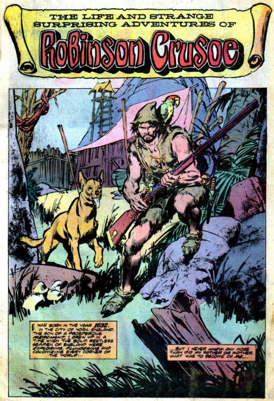 Ilustración de cómic: Robinson Crusoe en isla tropical con loro, rifle, perro y cabaña. Texto inferior describe su nacimiento en 1632 y vida marinera.