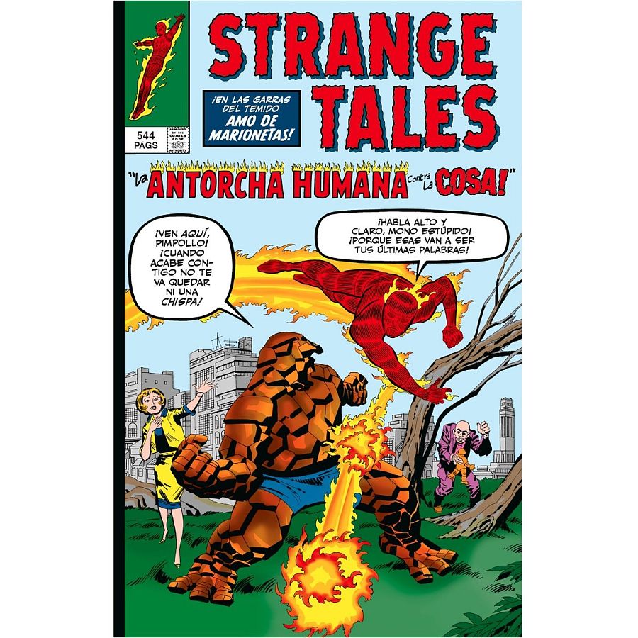 Impactante portada de cómic: La Antorcha Humana, en llamas, combate a la Cosa.  Un villano observa, mientras una mujer parece temerosa.