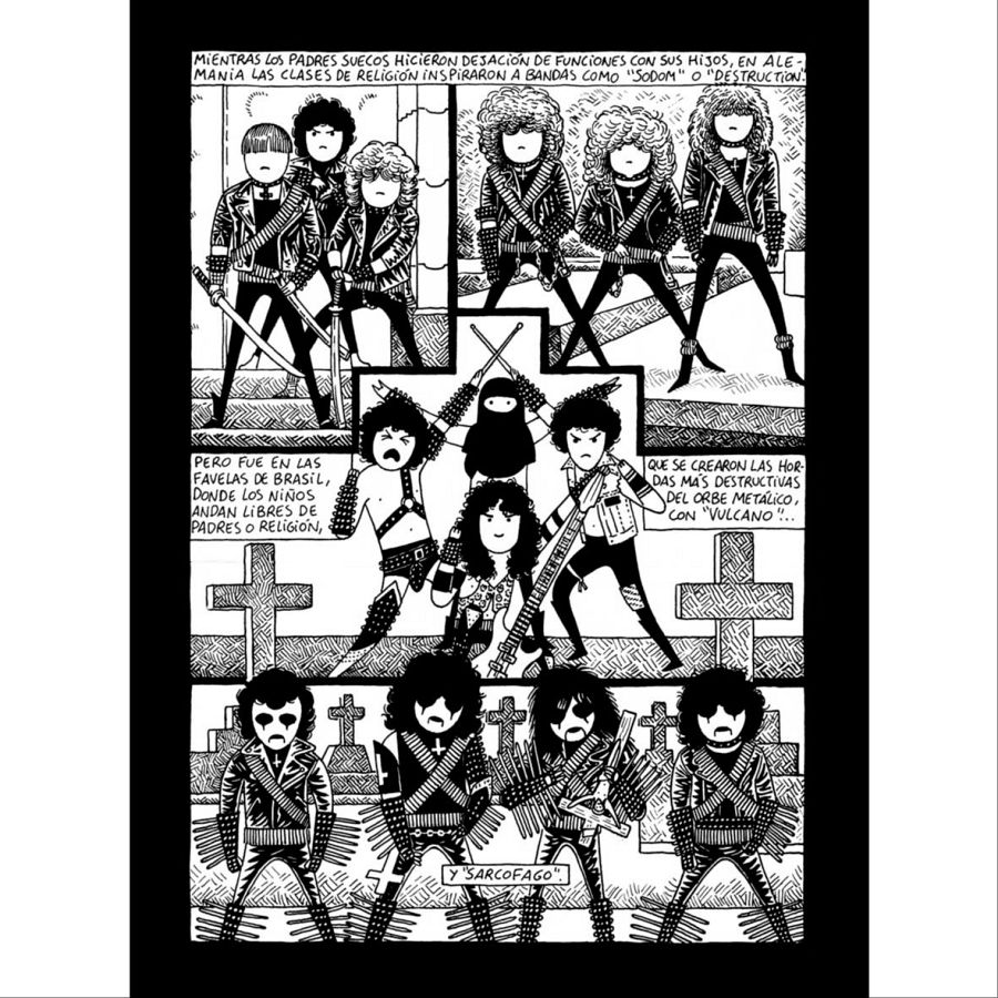 Tres viñetas de un cómic muestran personajes con estética black metal en distintos lugares, con textos que aluden a la influencia de la crianza y la religión en la escena musical.