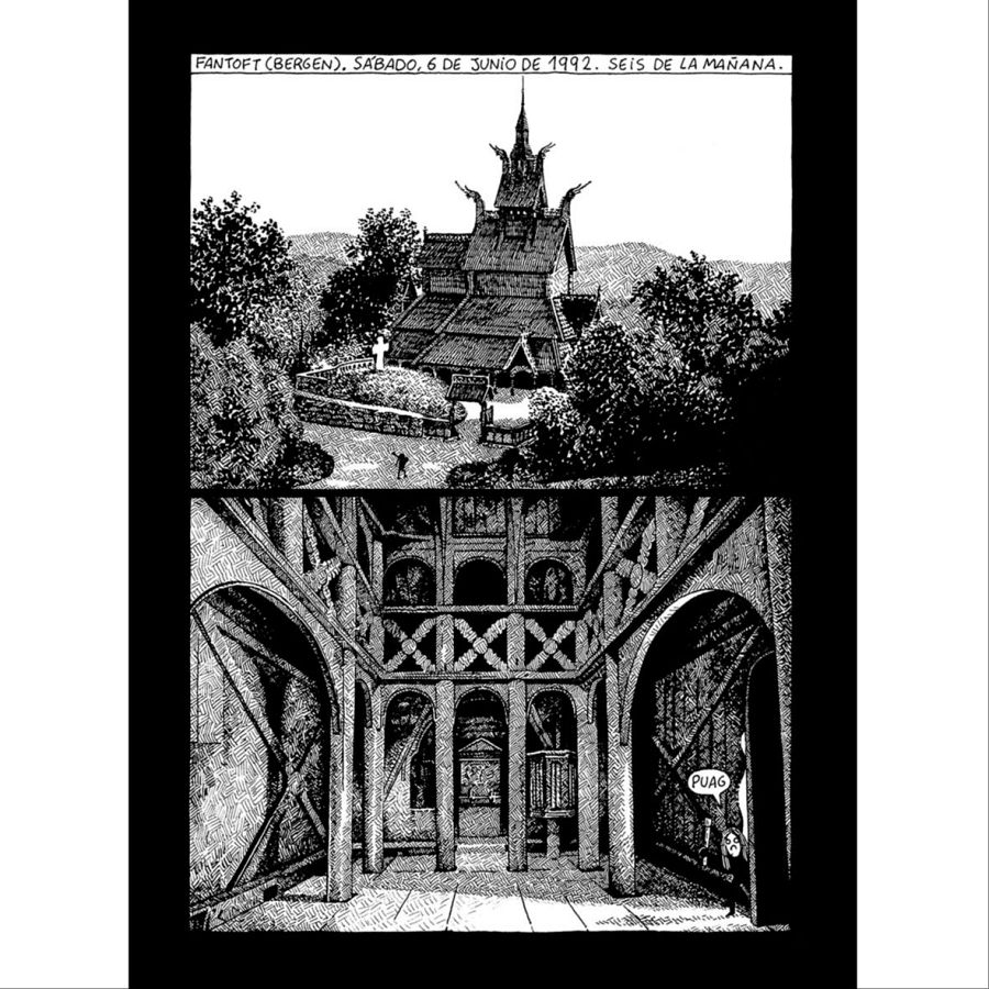 Viñetas de cómic mostrando el exterior e interior de una iglesia de madera. Una figura expresa disgusto ('PUAG'). Fecha: 6 de Junio de 1992.