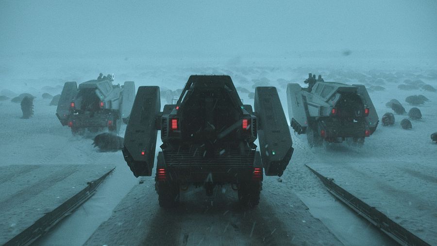 Vehículos futuristas con luces traseras rojas atraviesan un paisaje nevado.  Diseño anguloso y robusto. Atmósfera fría y de ciencia ficción.