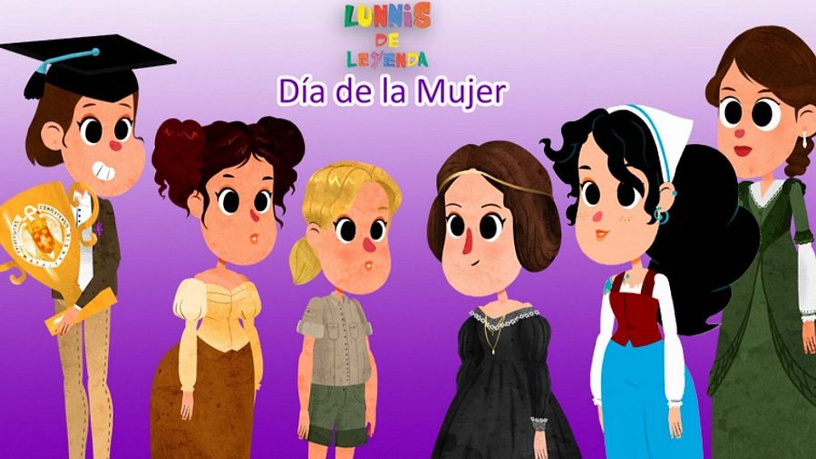 Ilustración del Día de la Mujer con personajes de Lunnis de Leyenda; mujeres con vestimentas variadas, representando diferentes épocas o roles.