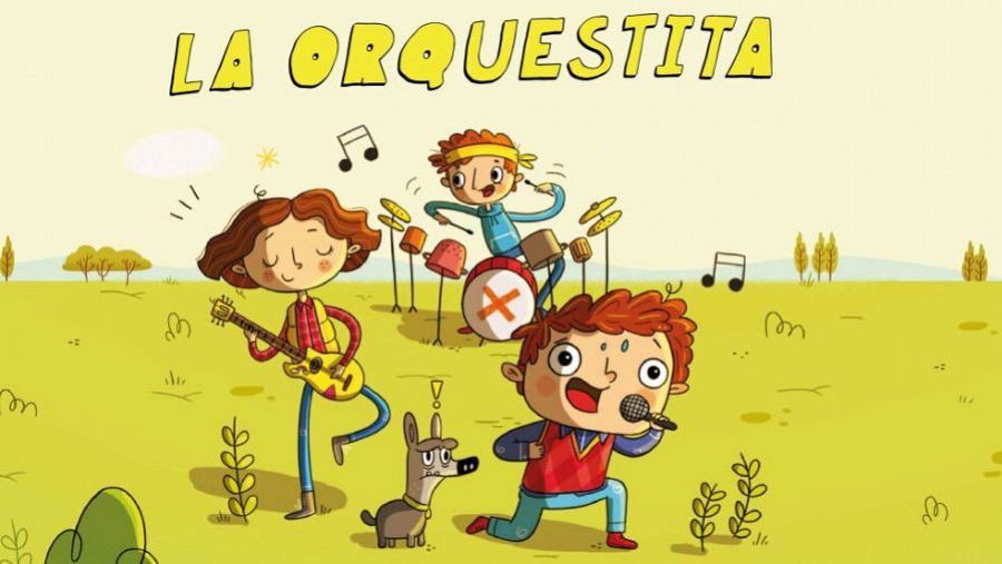 Banda infantil tocando instrumentos en un campo.  Niña con guitarra, niño con batería, niño con micrófono y un perro observando.