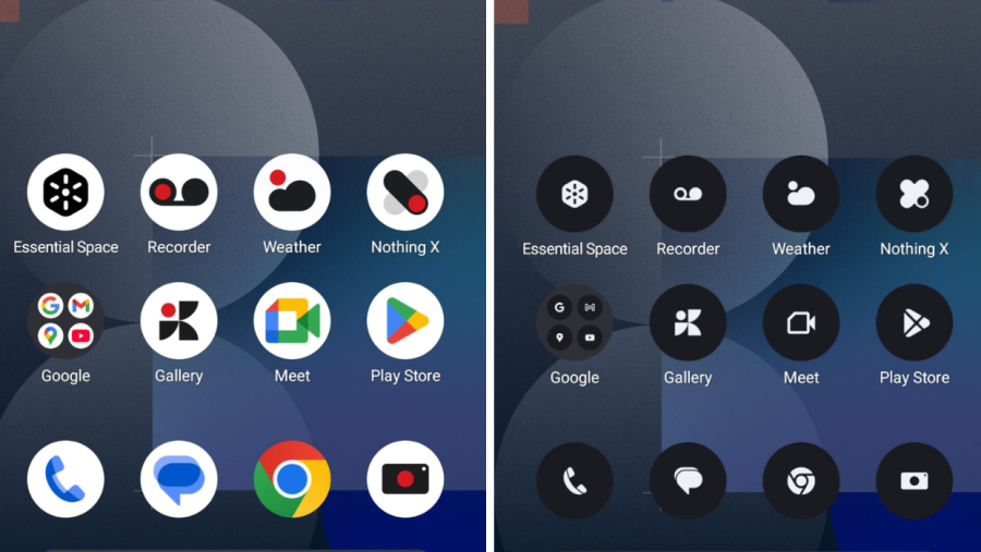 Comparativa de dos modos de visualización de iconos en un teléfono: uno con fondo blanco y etiquetas de texto, otro con fondo negro y sin texto.  Se aprecian iconos de aplicaciones comunes.