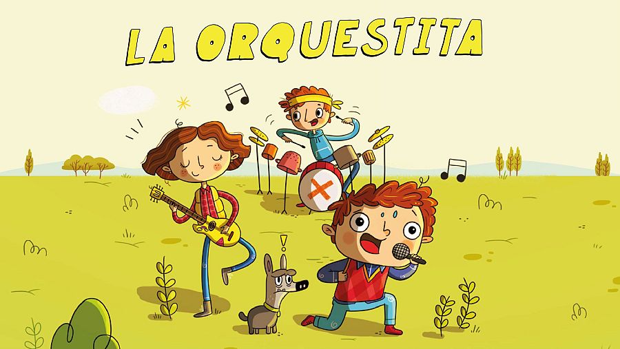 Tres niños tocan instrumentos en un escenario animado con un perro observando. Notas musicales y un fondo amarillo claro con árboles.