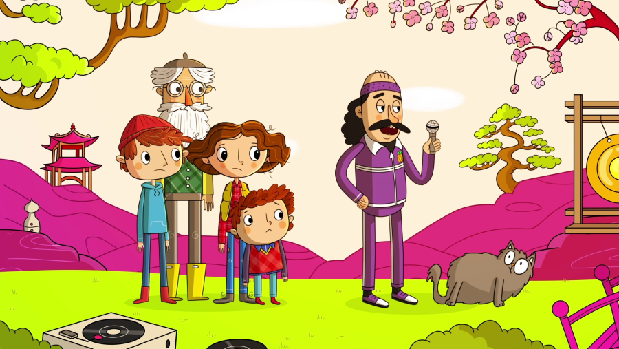 Programa infantil musical: hombre con coleta y micrófono, niños, anciano y gato observan.  Decorado con elementos orientales y tocadiscos.