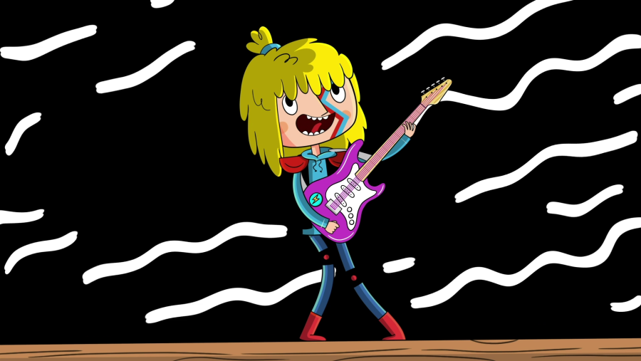 Personaje animado de pelo rubio, chaqueta azul y botas rojas toca guitarra eléctrica púrpura; fondo negro con líneas blancas.  Parece cantar.