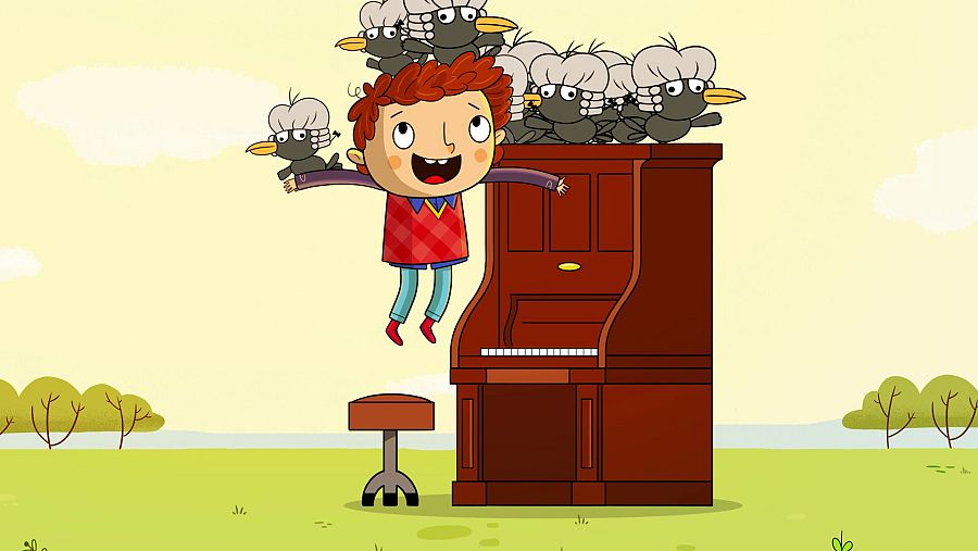 Niño pelirrojo sonriente flotando, piano con pájaros en pelucas blancas, fondo con árboles y cielo amarillo. Escena animada.