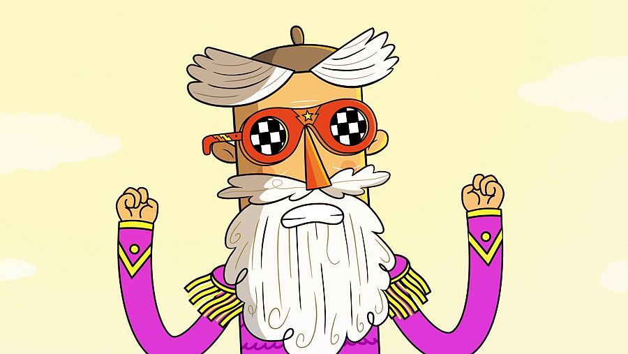 Personaje animado de larga barba blanca, gafas rojas con estrella y sombrero, con puños levantados sobre fondo amarillo.  Aspecto caricaturesco y festivo.
