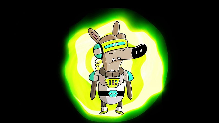 Personaje animado flotando en esfera verde brillante, traje blanco y verde, auriculares y visor amarillo. Fondo negro.