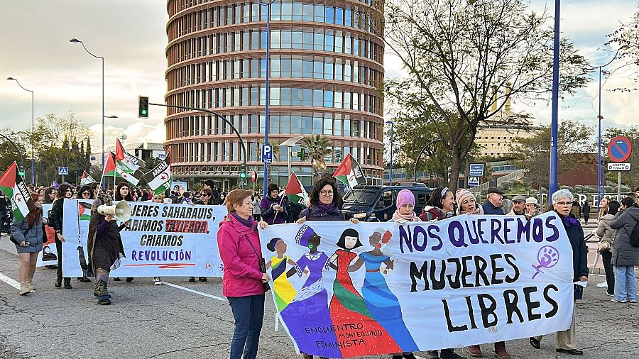 Vista de la manifestación convocada por colectivos feministas que ha recorrido este sábado Sevilla