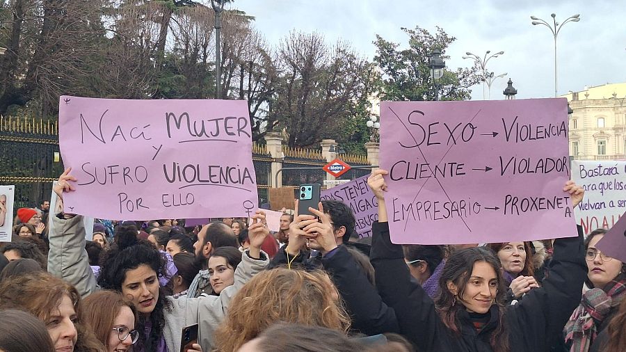 Pancartas en manifestación feminista: una denuncia violencia contra mujeres; otra relaciona sexo con violencia, clientes con violadores y empresarios con proxenetas.
