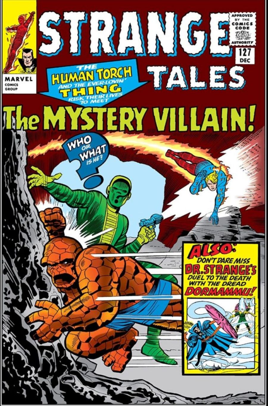 Portada de Strange Tales #127: La Antorcha Humana en llamas y la Cosa se enfrentan a un villano verde.  Incluye otra historia con Dr. Strange.
