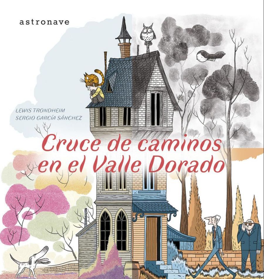 Ilustración de la portada de un cómic: casa gótico-victoriana, niño con gato en el tejado, personajes aproximándose y animales alrededor.