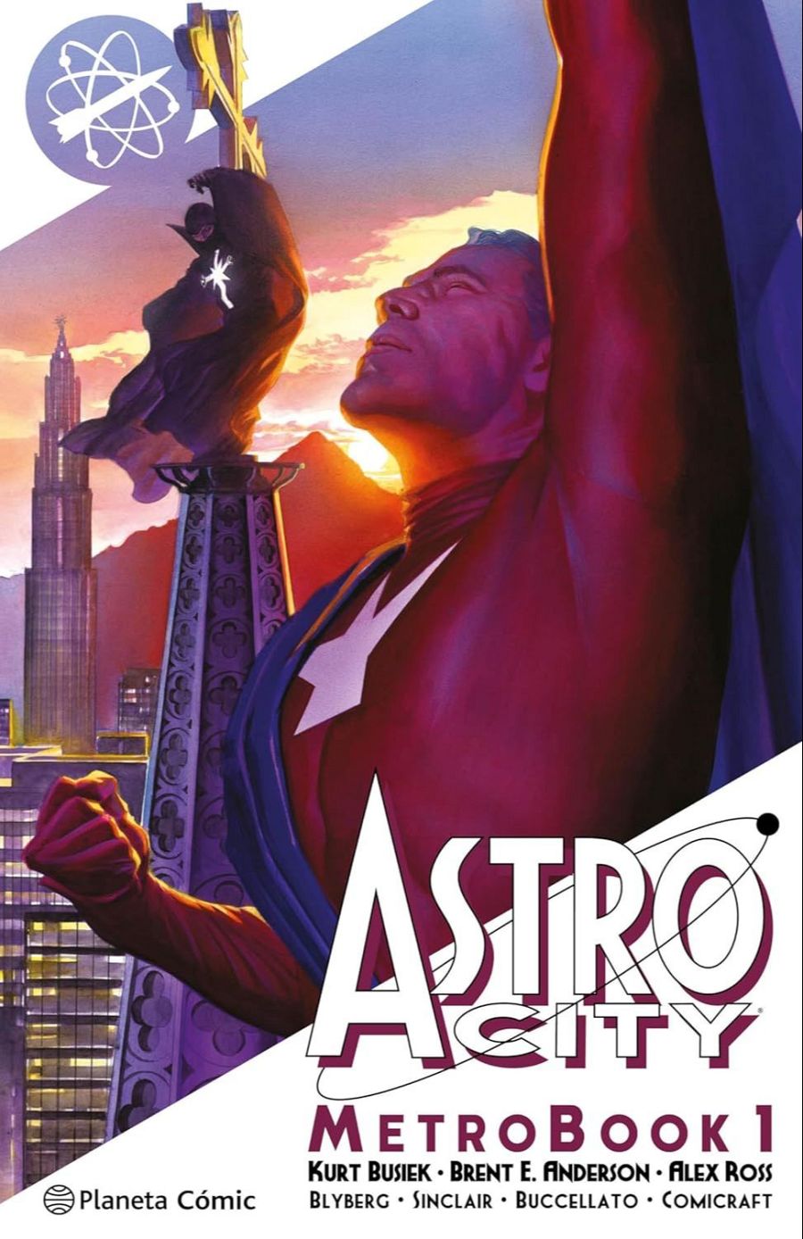 Portada de Astro City MetroBook 1, mostrando un superhéroe en traje rojo y azul sobre un fondo urbano al atardecer.  Autores: Busiek, Anderson, Ross y otros.