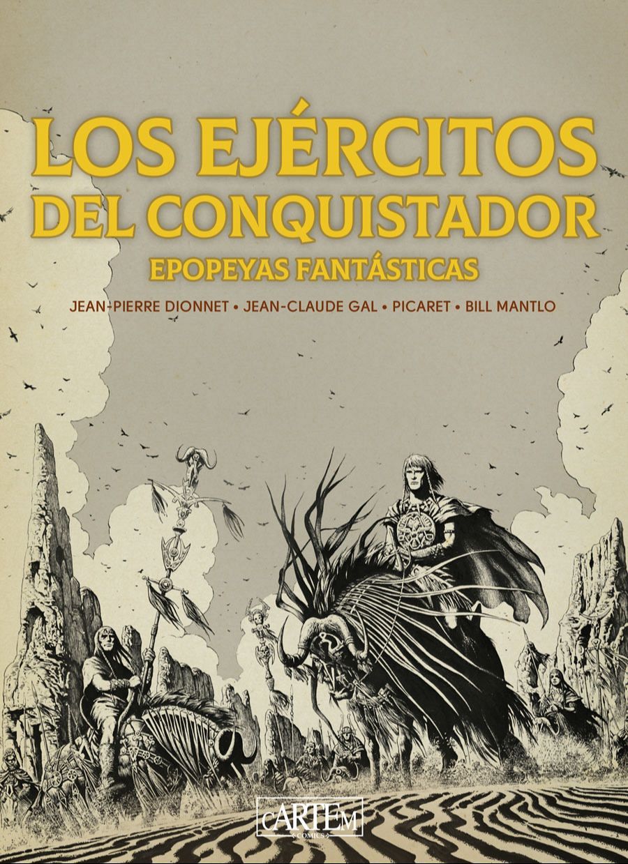Ilustración de fantasía épica: guerrero con armadura sobre criatura alada en un desierto.  Combate con otros personajes y criaturas. Portada de cómic.