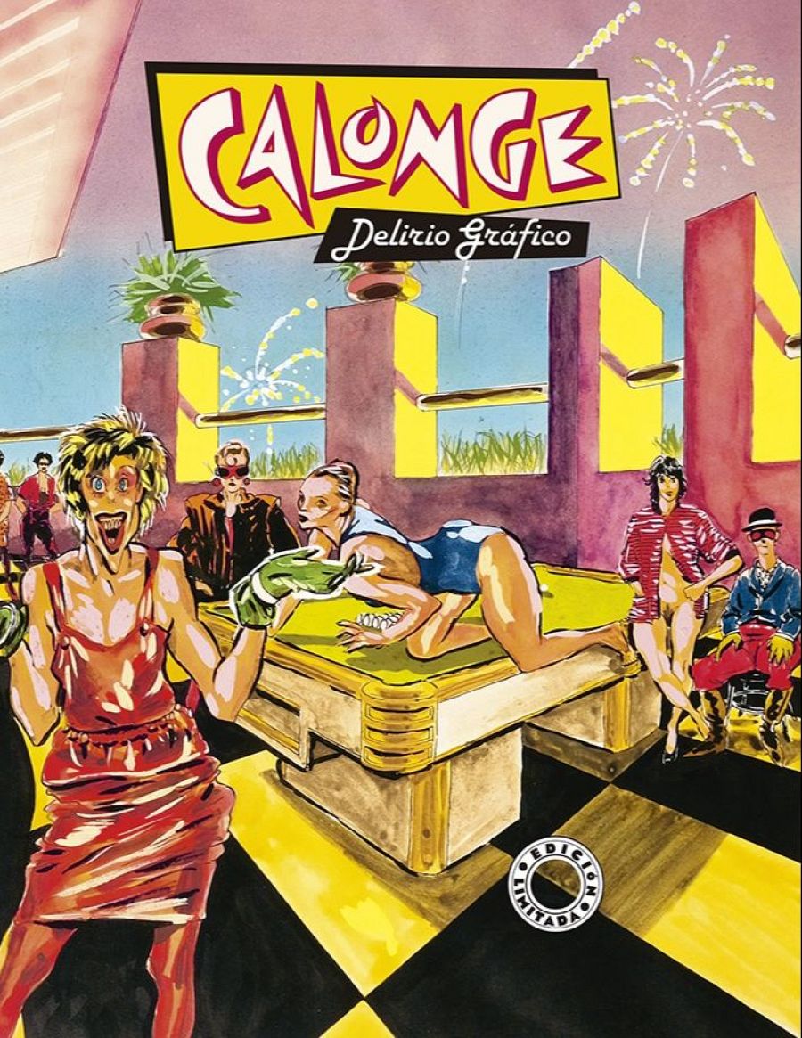 Portada de cómic con personajes caricaturescos en un ambiente retro-futurista, suelo ajedrezado y sello 