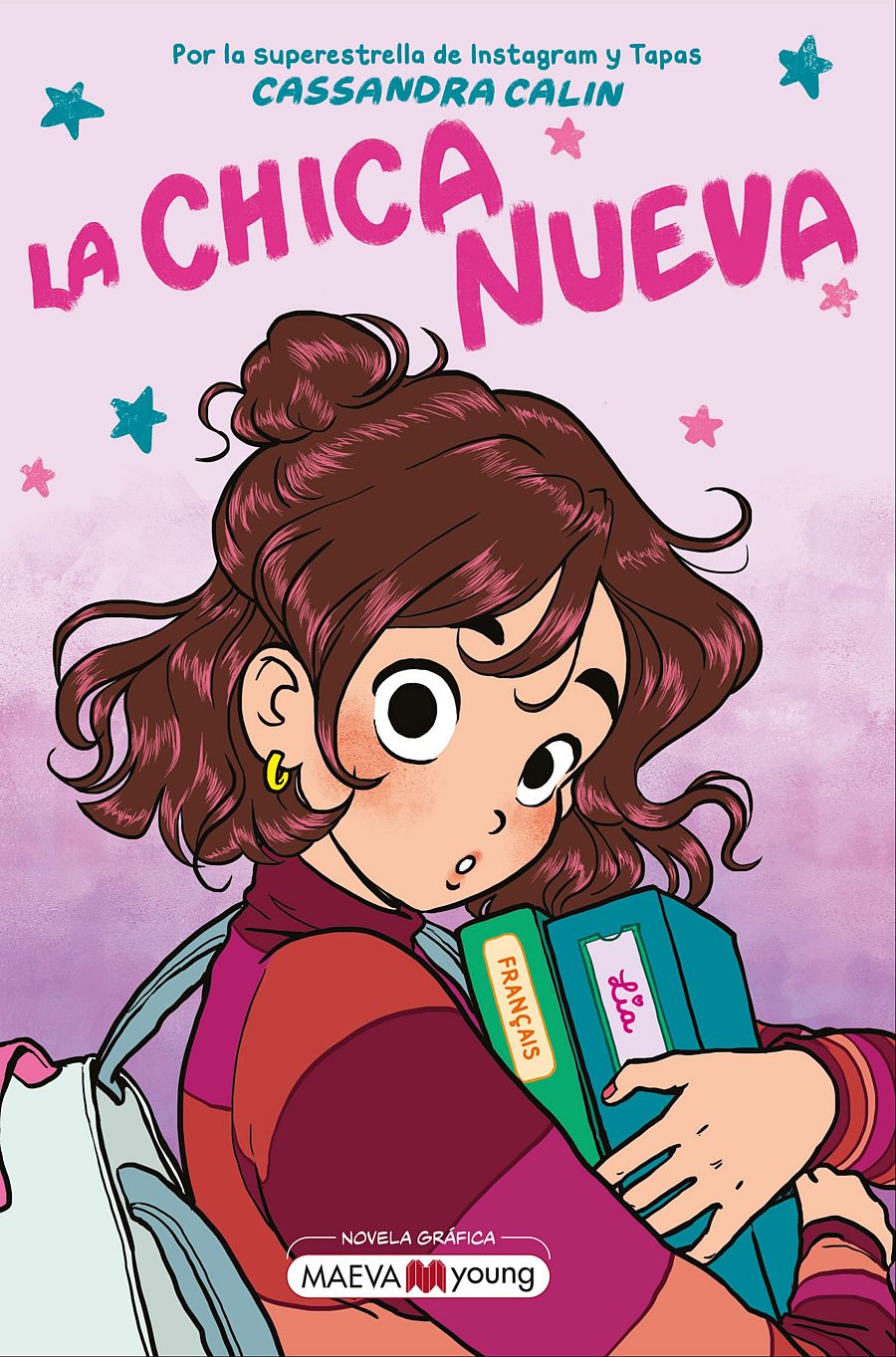 Ilustración de portada: joven con mochila y libros, fondo rosa con estrellas. Título: 