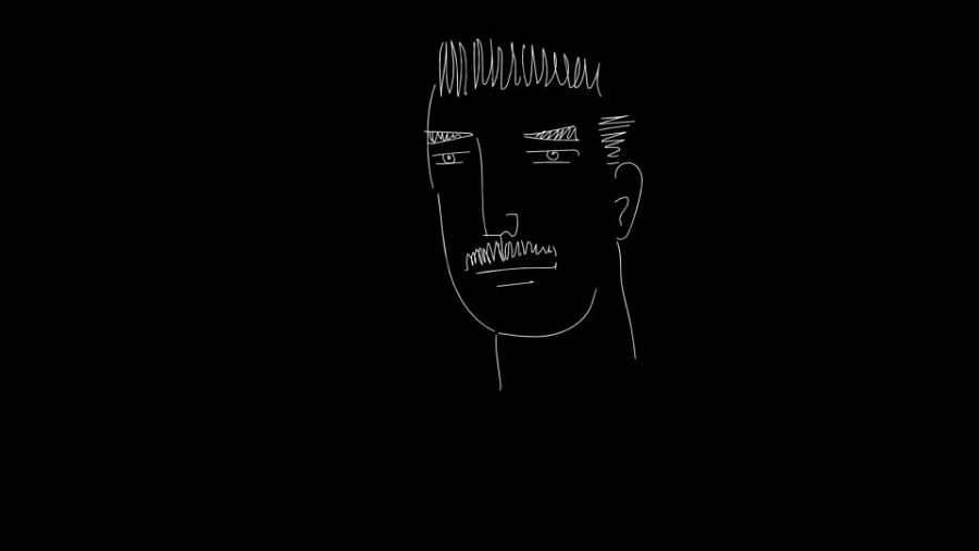 Retrato lineal de un hombre con pelo corto, cejas pobladas y mostacho, de expresión seria.