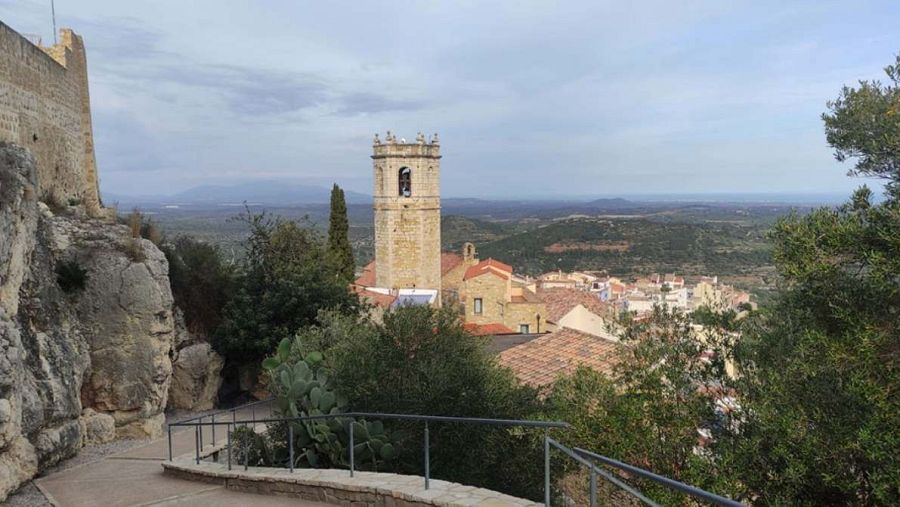 Vista panorámica de la Iglesia de la Asunción desde una elevación, mostrando su campanario y parte de la muralla circundante.  Vegetación en primer plano y paisaje de fondo.