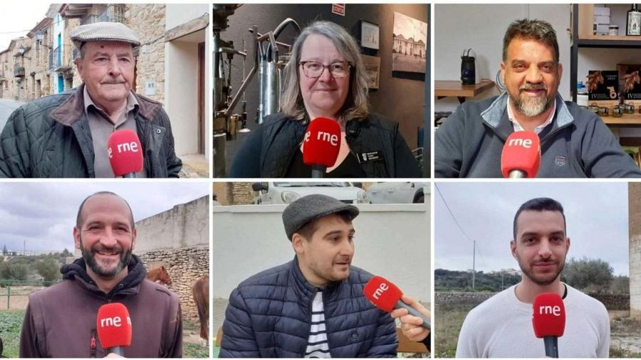 Collage con seis personas hablando por micrófonos de RNE en diversos entornos: urbano, rural, industrial. Variedad de edades y vestimentas.