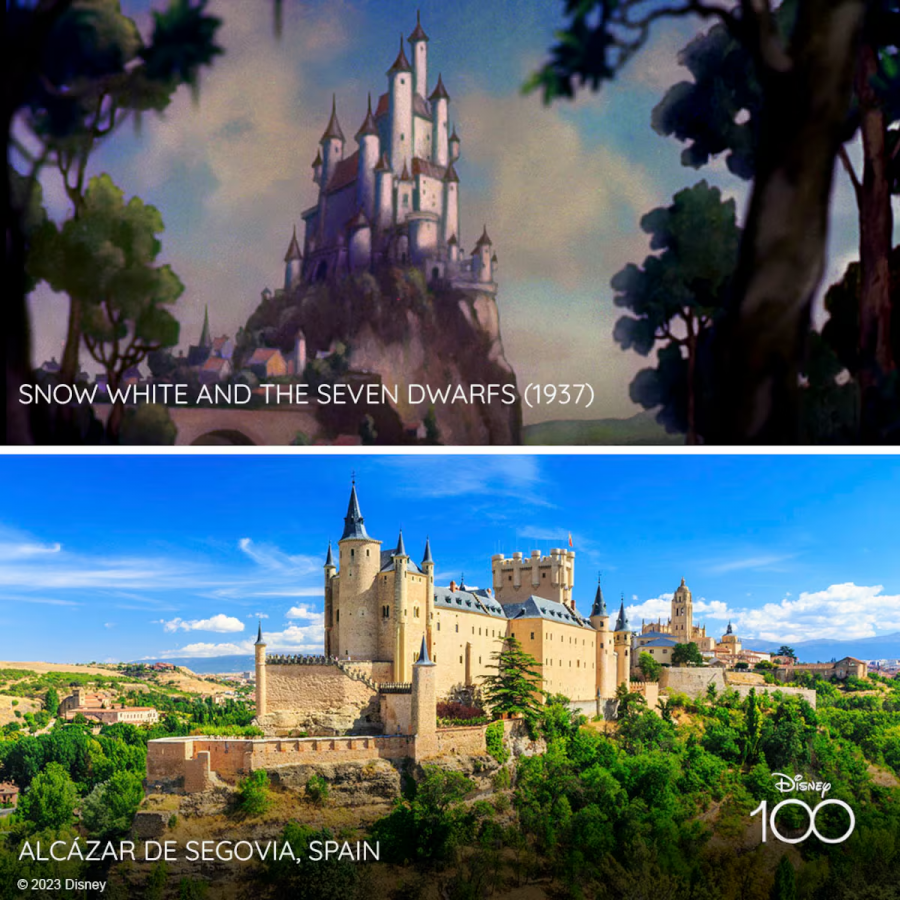 Comparación entre dos castillos: uno de estilo Disney, blanco y con múltiples torres, y otro de color ocre, de estilo medieval.  Se incluye el logo 'Disney 100'.