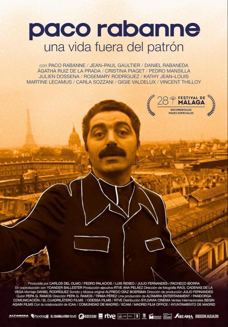 Cartel del documental sobre Paco Rabanne, con imagen del diseñador y la Torre Eiffel.  Incluye nombres de colaboradores y créditos de producción.