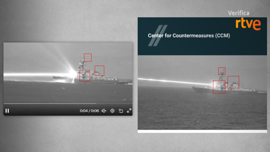 Elementos coincidentes entre una captura del vídeo creado con IA, a la izquierda, y la fotografía oficial de la Armada de EE.UU., a la derecha