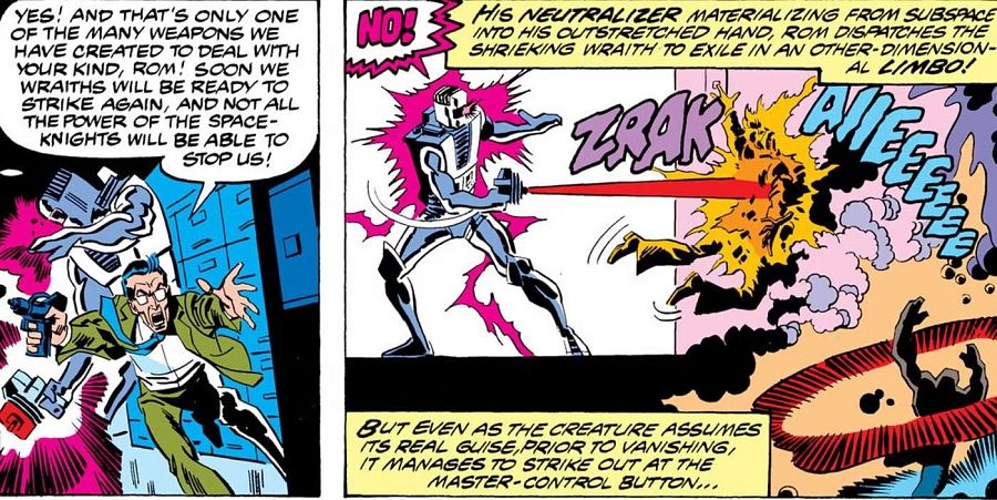 Viñetas de cómic: un científico amenaza a un robot con nuevas armas; el robot lo derrota con un rayo, enviándolo a otra dimensión; el derrotado activa un botón antes de desaparecer.