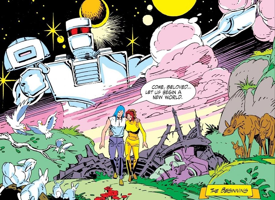 Robot gigante, dos humanoides abrazados, cielo estrellado, animales y vegetación en un paisaje post-apocalíptico.  