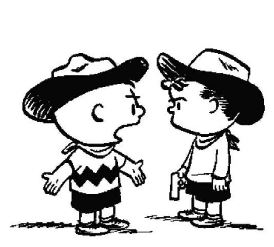 Enfrentamiento en blanco y negro entre dos niños de *Peanuts*: uno con sombrero de vaquero y camiseta a rayas, el otro con sombrero y pistola de juguete, expresión seria.