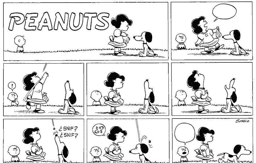 Tira cómica de Peanuts mostrando a Lucy, Snoopy y Charlie Brown. Lucy juega con una bolsa, Snoopy la observa y finalmente corre tras olfatear algo. Charlie Brown es un espectador.