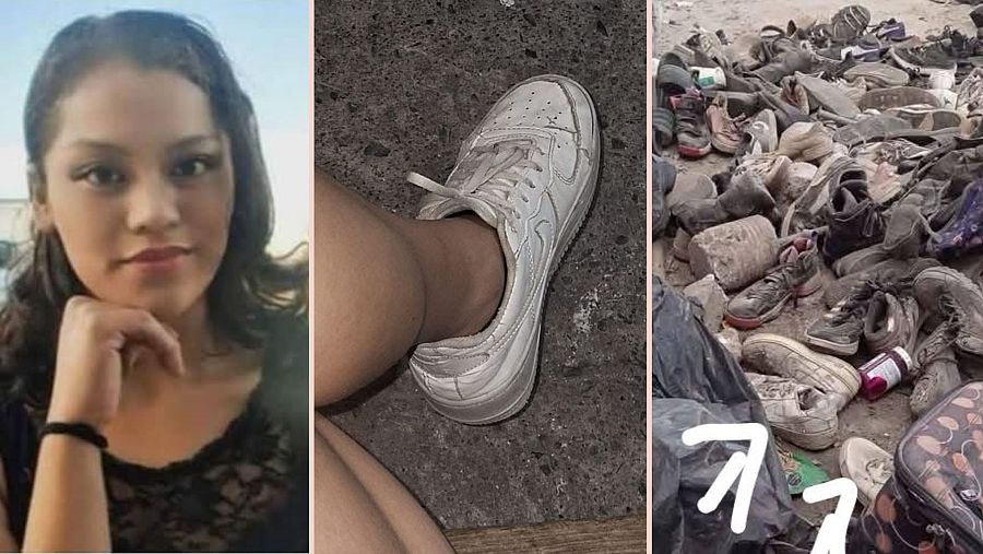 De derecha a izquierda: fotografía de Merari, los zapatos que llevaba puestos el día de su desaparición y los zapatos encontrados en el Rancho Izaguirre