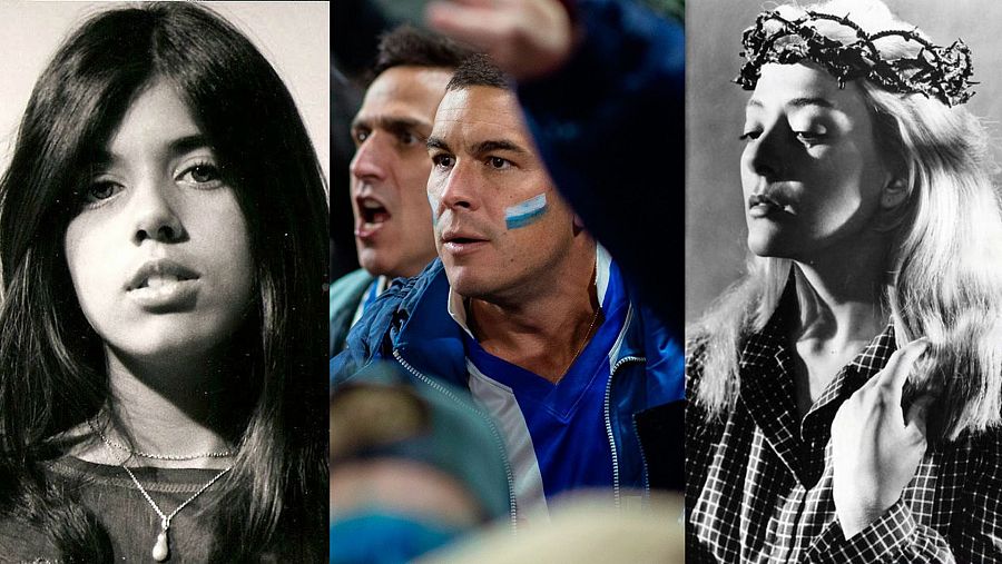 Collage con fotos en blanco y negro de Jeanette, un hincha de fútbol con pintura facial y Silvia Pinal en una escena cinematográfica.  Representación visual del tema 