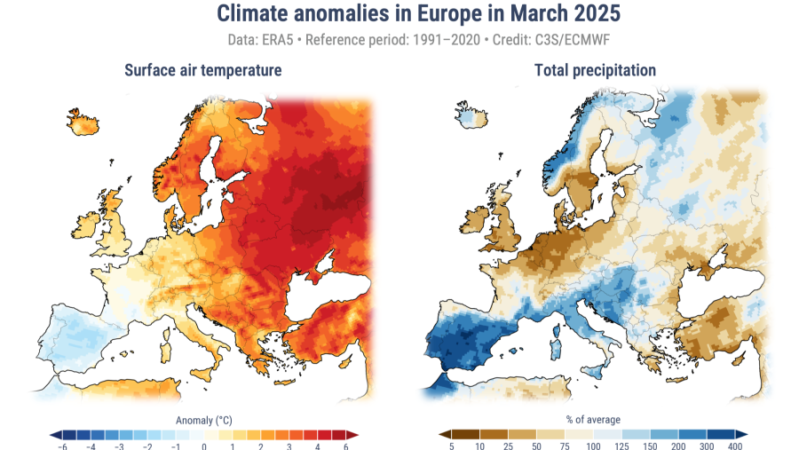 Anomalías de temperatura (izquierda) y de precipitaciones (derecha) en Europa en marzo