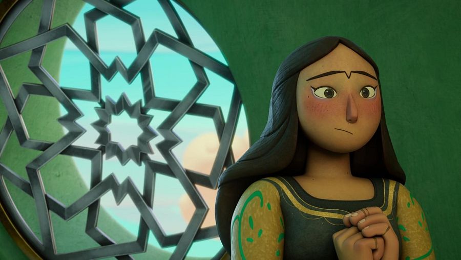 Niña con expresión triste, vestida con un vestido oscuro con detalles dorados, frente a una celosía con diseño geométrico.  Fondo claro visible a través de la celosía.