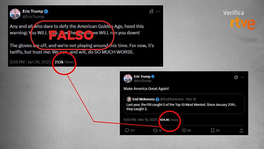 A la izquierda, mensaje editado. A la derecha, mensaje real publicado por Eric Trump