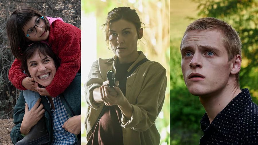 Tres fotogramas de películas, mostrando una mujer con una niña, una mujer con una pistola y un hombre sorprendido.  Recomendadas por 'Y tú sin saberlo'.