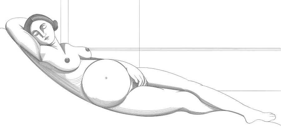 Dibujo lineal minimalista de mujer embarazada desnuda, recostada de perfil, con la cabeza apoyada en la mano. Estilo sin sombreado.
