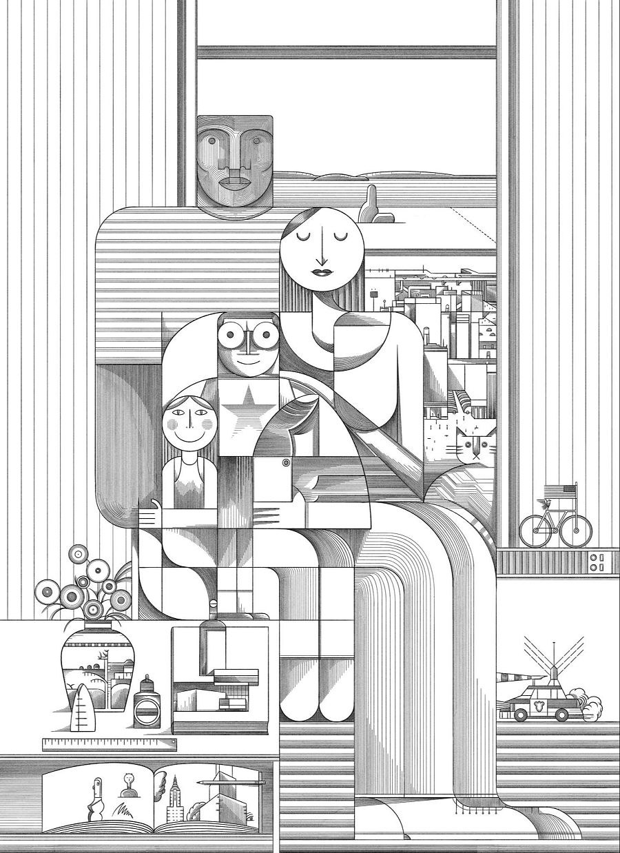 Imagen abstracta de una familia en un apartamento, con detalles urbanos visibles desde la ventana y objetos domésticos presentes en la escena.