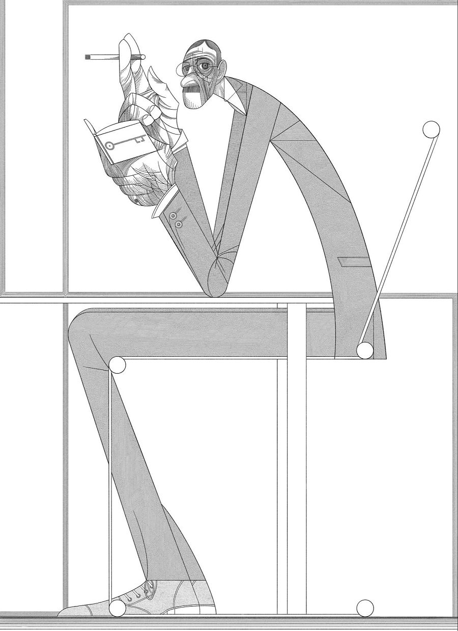 Hombre en traje sentado, escribiendo en una libreta. Ilustración en blanco y negro de estilo geométrico, evocando a un escritor de entreguerras.