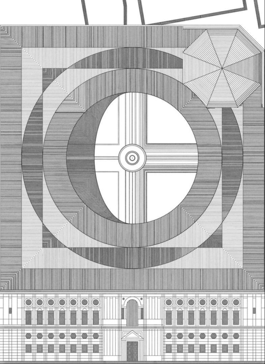 Diseño gráfico en blanco y negro: patrón geométrico complejo arriba con círculos concéntricos y una forma octogonal; abajo, fachada de edificio clásico con ventanas rectangulares y semicirculares.