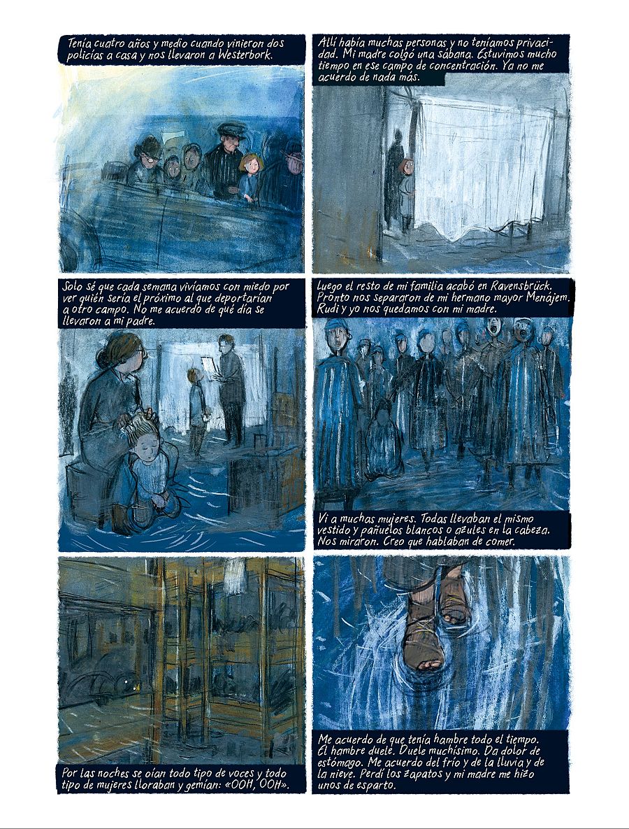 Ilustración de la vida en un campo de concentración: una niña recuerda el miedo, la separación familiar, el hambre y el frío,  y la precariedad de la vida diaria.