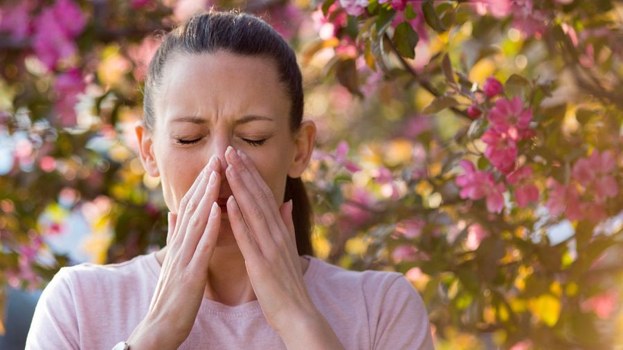 Mujer con posible reacción alérgica, manos en la nariz y ojos cerrados. Fondo con flores rosadas. Ilustración sobre el aumento de alergias.