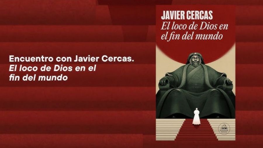 Ilustración de una figura entronizada y otra pequeña ante ella, anunciando un encuentro con Javier Cercas y su libro 